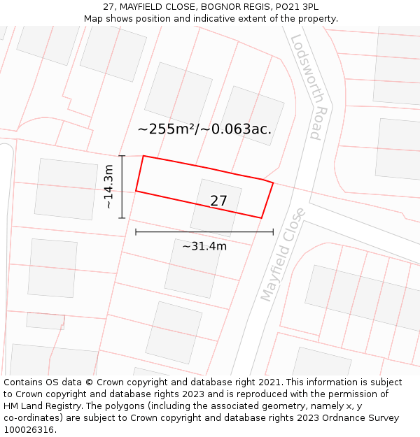 27, MAYFIELD CLOSE, BOGNOR REGIS, PO21 3PL: Plot and title map