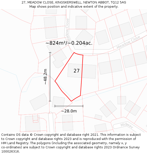 27, MEADOW CLOSE, KINGSKERSWELL, NEWTON ABBOT, TQ12 5AS: Plot and title map