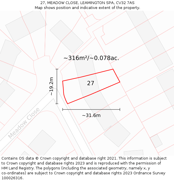 27, MEADOW CLOSE, LEAMINGTON SPA, CV32 7AS: Plot and title map