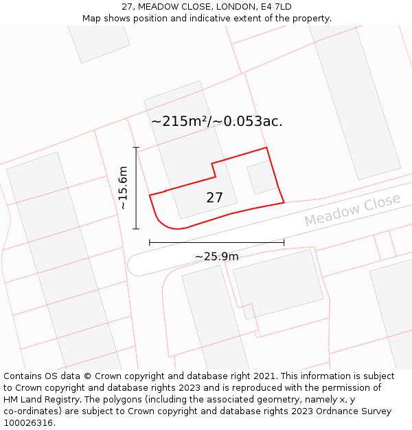 27, MEADOW CLOSE, LONDON, E4 7LD: Plot and title map