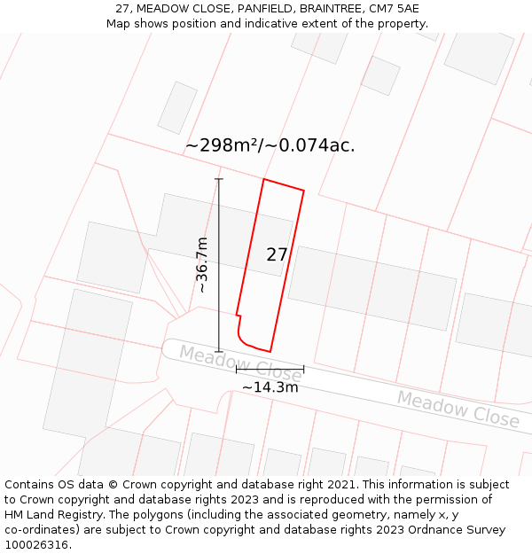 27, MEADOW CLOSE, PANFIELD, BRAINTREE, CM7 5AE: Plot and title map