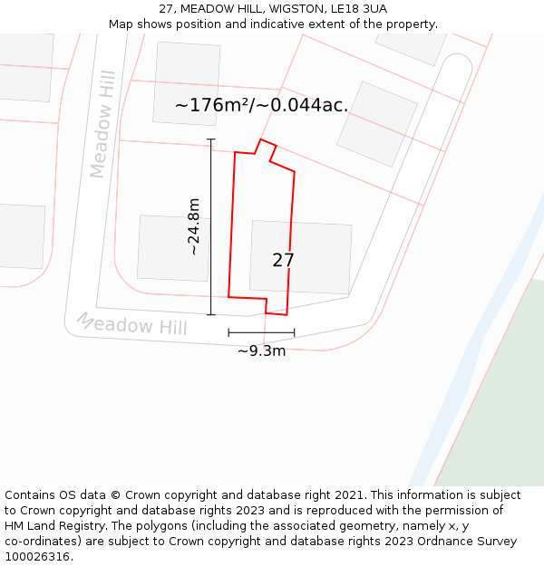 27, MEADOW HILL, WIGSTON, LE18 3UA: Plot and title map