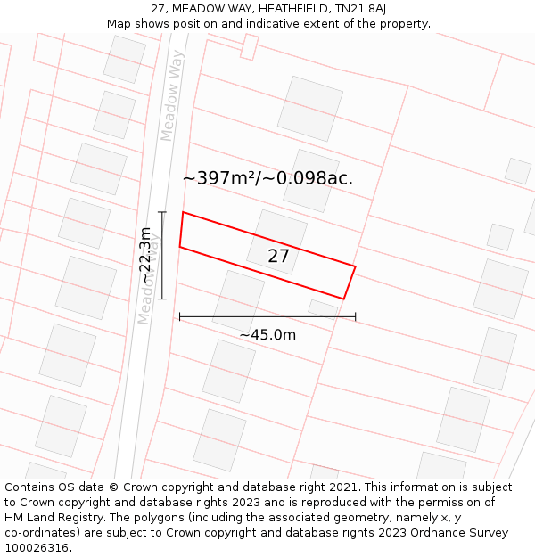 27, MEADOW WAY, HEATHFIELD, TN21 8AJ: Plot and title map