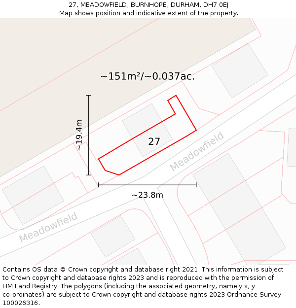 27, MEADOWFIELD, BURNHOPE, DURHAM, DH7 0EJ: Plot and title map