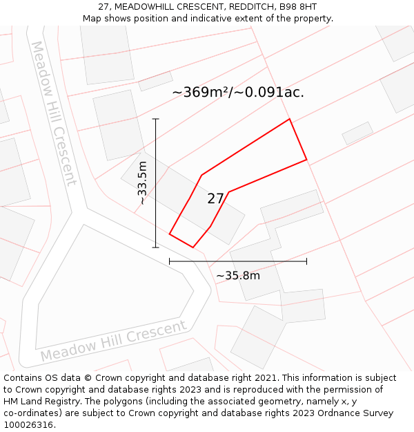 27, MEADOWHILL CRESCENT, REDDITCH, B98 8HT: Plot and title map