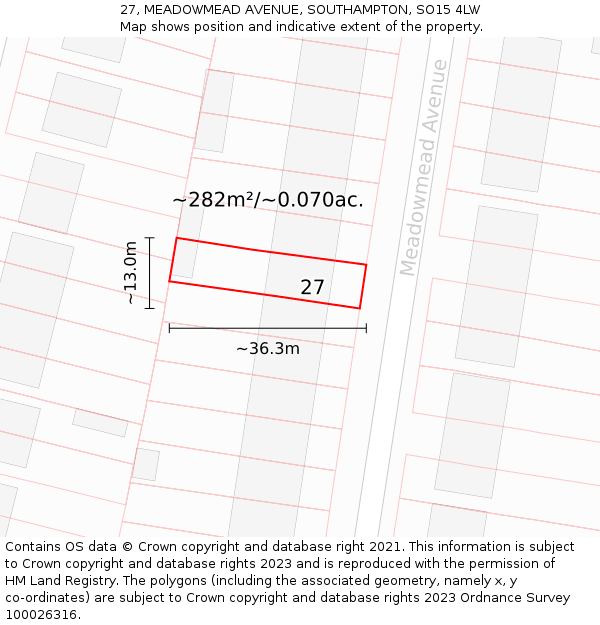 27, MEADOWMEAD AVENUE, SOUTHAMPTON, SO15 4LW: Plot and title map
