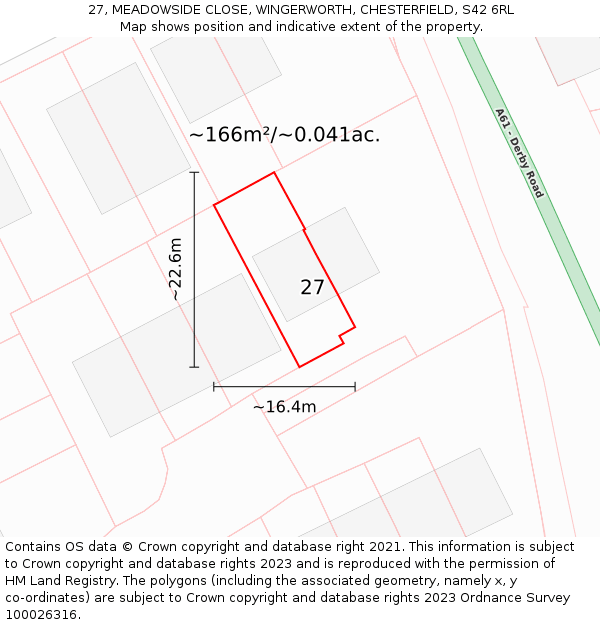 27, MEADOWSIDE CLOSE, WINGERWORTH, CHESTERFIELD, S42 6RL: Plot and title map
