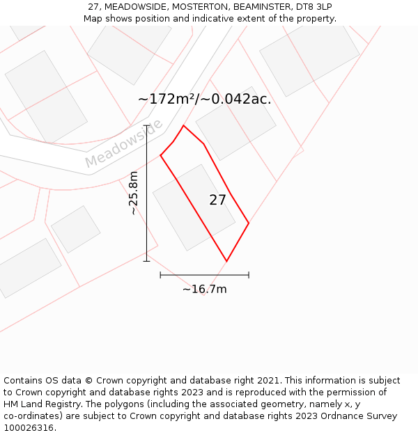 27, MEADOWSIDE, MOSTERTON, BEAMINSTER, DT8 3LP: Plot and title map