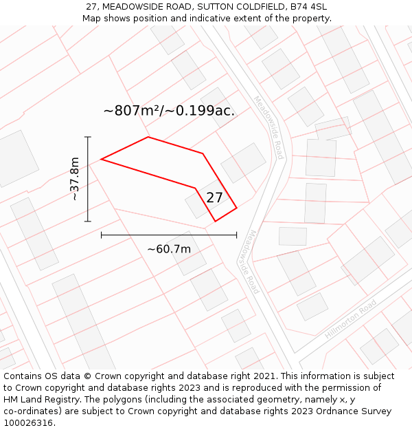 27, MEADOWSIDE ROAD, SUTTON COLDFIELD, B74 4SL: Plot and title map
