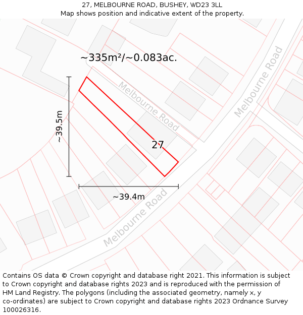 27, MELBOURNE ROAD, BUSHEY, WD23 3LL: Plot and title map