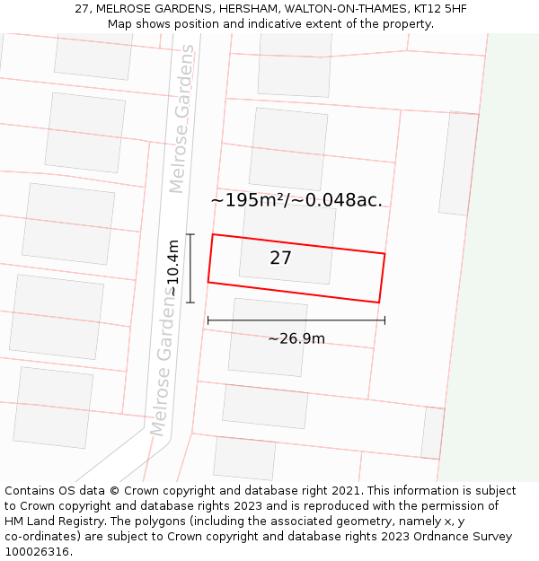 27, MELROSE GARDENS, HERSHAM, WALTON-ON-THAMES, KT12 5HF: Plot and title map