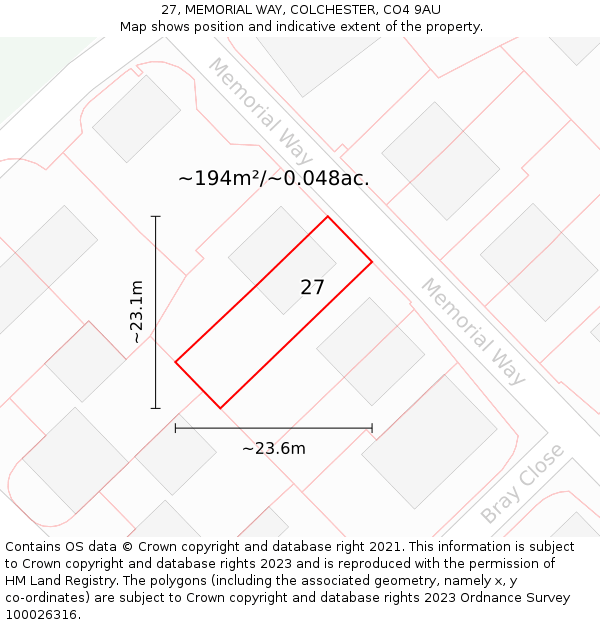 27, MEMORIAL WAY, COLCHESTER, CO4 9AU: Plot and title map
