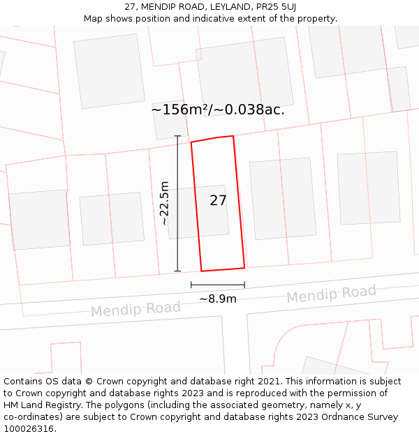 27, MENDIP ROAD, LEYLAND, PR25 5UJ: Plot and title map