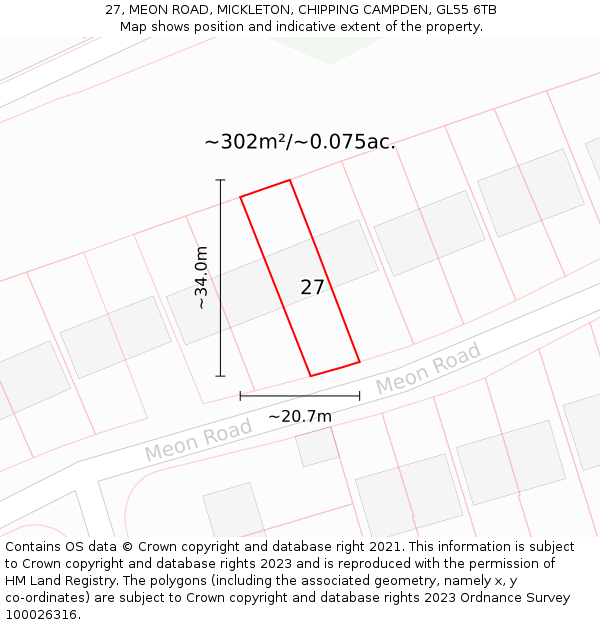 27, MEON ROAD, MICKLETON, CHIPPING CAMPDEN, GL55 6TB: Plot and title map