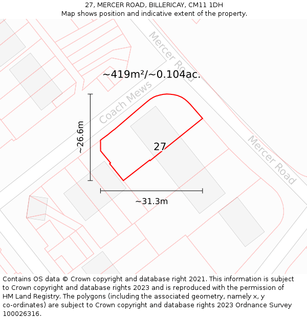 27, MERCER ROAD, BILLERICAY, CM11 1DH: Plot and title map