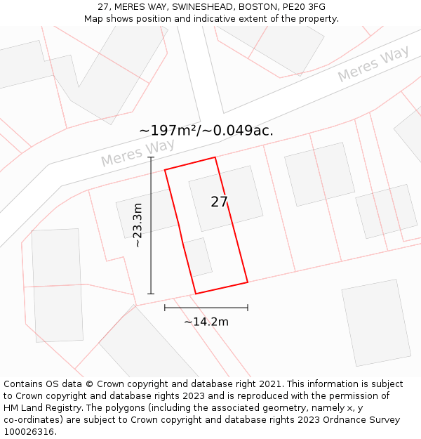 27, MERES WAY, SWINESHEAD, BOSTON, PE20 3FG: Plot and title map