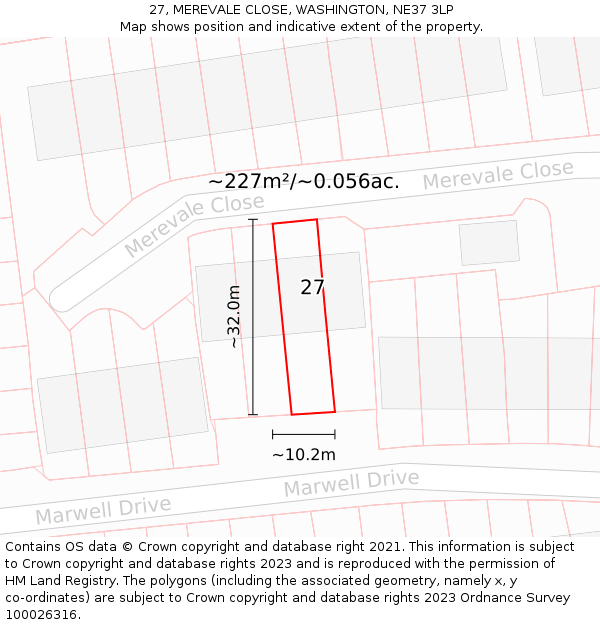 27, MEREVALE CLOSE, WASHINGTON, NE37 3LP: Plot and title map