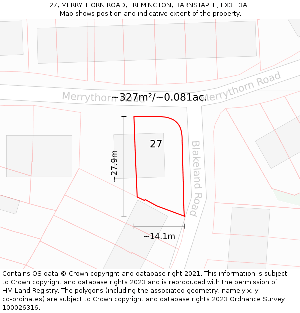 27, MERRYTHORN ROAD, FREMINGTON, BARNSTAPLE, EX31 3AL: Plot and title map