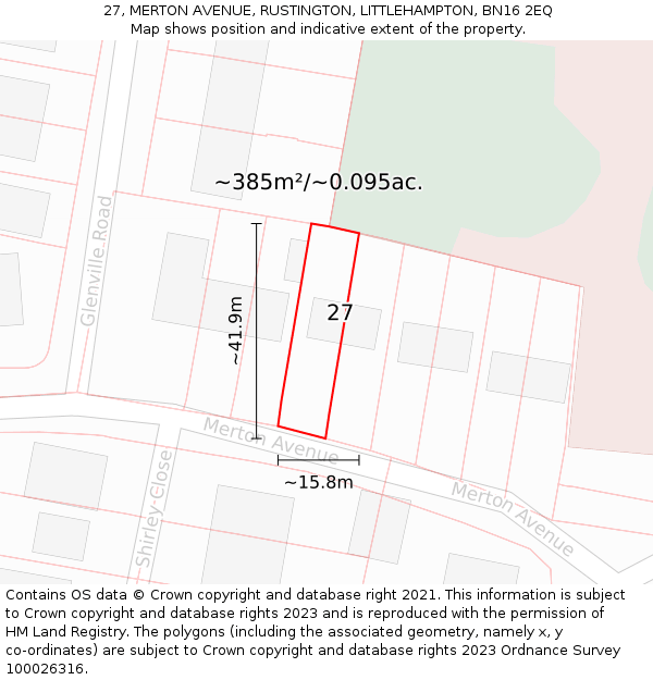 27, MERTON AVENUE, RUSTINGTON, LITTLEHAMPTON, BN16 2EQ: Plot and title map