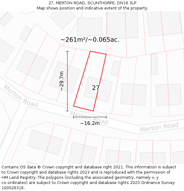 27, MERTON ROAD, SCUNTHORPE, DN16 3LP: Plot and title map