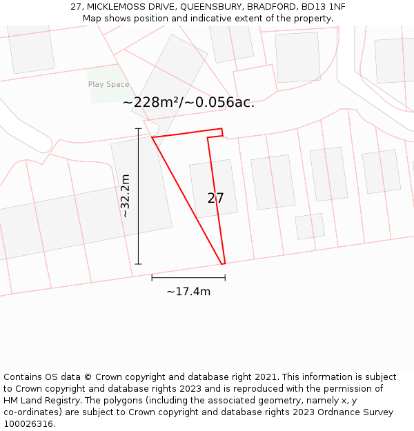 27, MICKLEMOSS DRIVE, QUEENSBURY, BRADFORD, BD13 1NF: Plot and title map