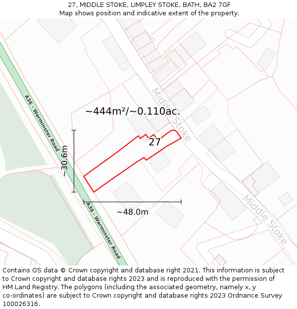 27, MIDDLE STOKE, LIMPLEY STOKE, BATH, BA2 7GF: Plot and title map