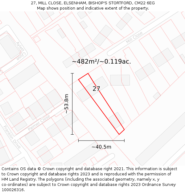 27, MILL CLOSE, ELSENHAM, BISHOP'S STORTFORD, CM22 6EG: Plot and title map