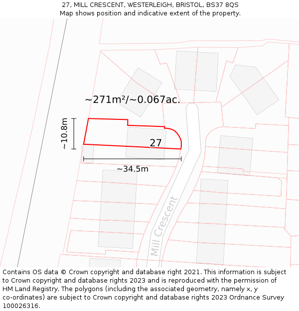 27, MILL CRESCENT, WESTERLEIGH, BRISTOL, BS37 8QS: Plot and title map
