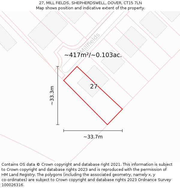 27, MILL FIELDS, SHEPHERDSWELL, DOVER, CT15 7LN: Plot and title map