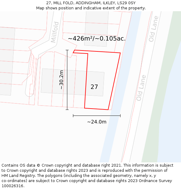 27, MILL FOLD, ADDINGHAM, ILKLEY, LS29 0SY: Plot and title map