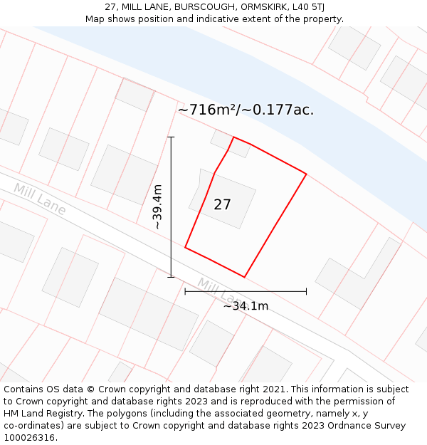 27, MILL LANE, BURSCOUGH, ORMSKIRK, L40 5TJ: Plot and title map