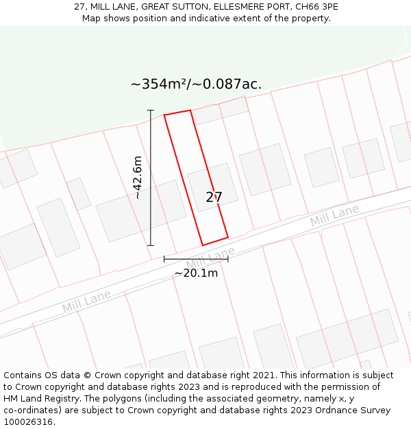 27, MILL LANE, GREAT SUTTON, ELLESMERE PORT, CH66 3PE: Plot and title map