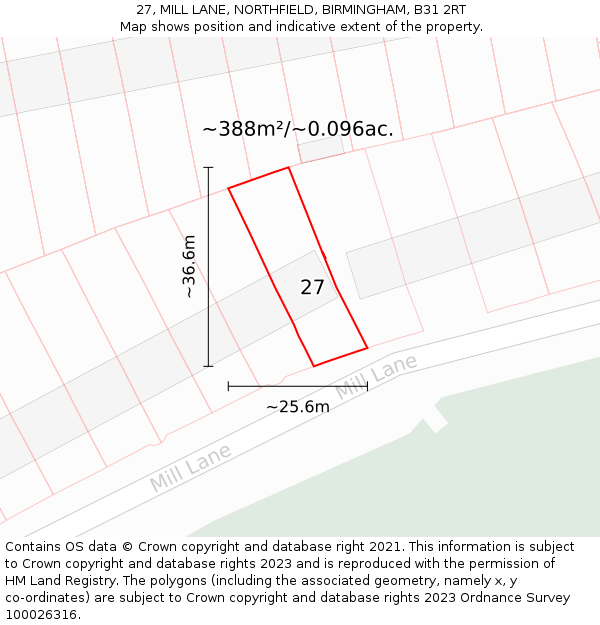 27, MILL LANE, NORTHFIELD, BIRMINGHAM, B31 2RT: Plot and title map