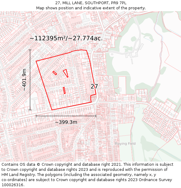 27, MILL LANE, SOUTHPORT, PR9 7PL: Plot and title map