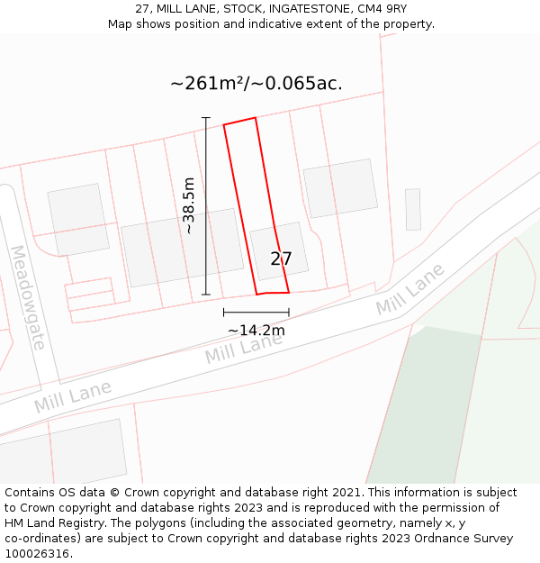 27, MILL LANE, STOCK, INGATESTONE, CM4 9RY: Plot and title map