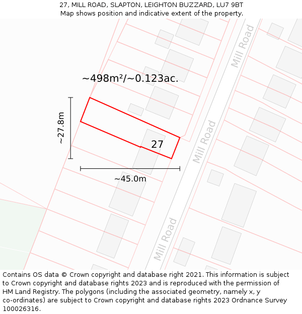 27, MILL ROAD, SLAPTON, LEIGHTON BUZZARD, LU7 9BT: Plot and title map
