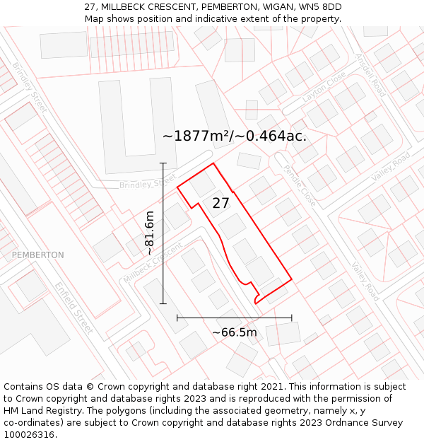 27, MILLBECK CRESCENT, PEMBERTON, WIGAN, WN5 8DD: Plot and title map
