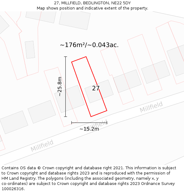 27, MILLFIELD, BEDLINGTON, NE22 5DY: Plot and title map