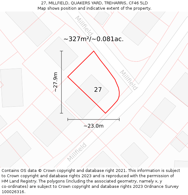 27, MILLFIELD, QUAKERS YARD, TREHARRIS, CF46 5LD: Plot and title map