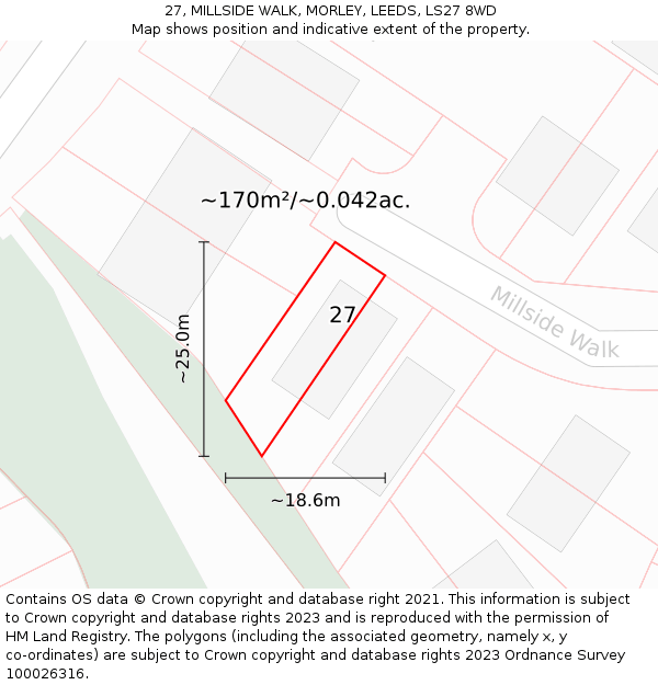 27, MILLSIDE WALK, MORLEY, LEEDS, LS27 8WD: Plot and title map