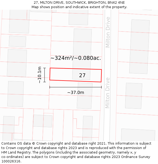 27, MILTON DRIVE, SOUTHWICK, BRIGHTON, BN42 4NE: Plot and title map