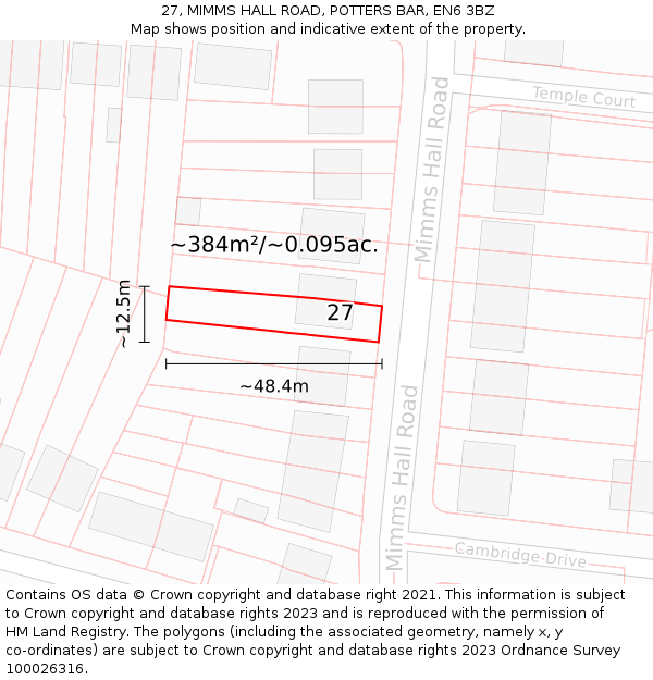 27, MIMMS HALL ROAD, POTTERS BAR, EN6 3BZ: Plot and title map