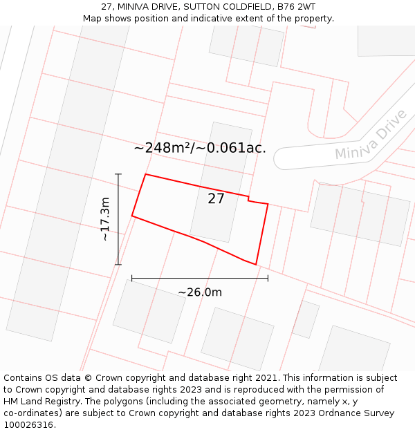 27, MINIVA DRIVE, SUTTON COLDFIELD, B76 2WT: Plot and title map