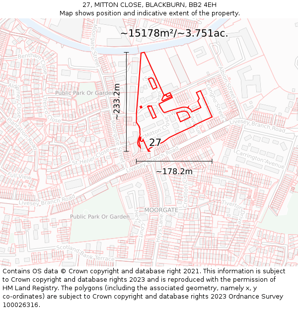 27, MITTON CLOSE, BLACKBURN, BB2 4EH: Plot and title map