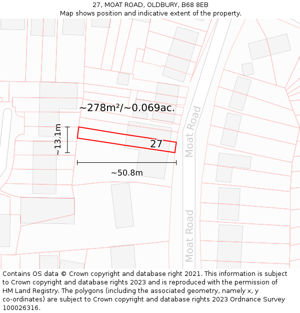 27, MOAT ROAD, OLDBURY, B68 8EB: Plot and title map