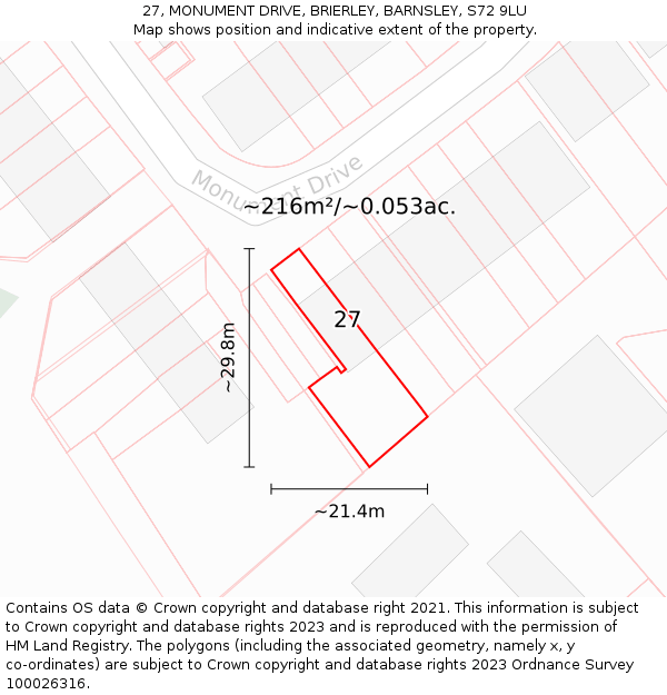 27, MONUMENT DRIVE, BRIERLEY, BARNSLEY, S72 9LU: Plot and title map