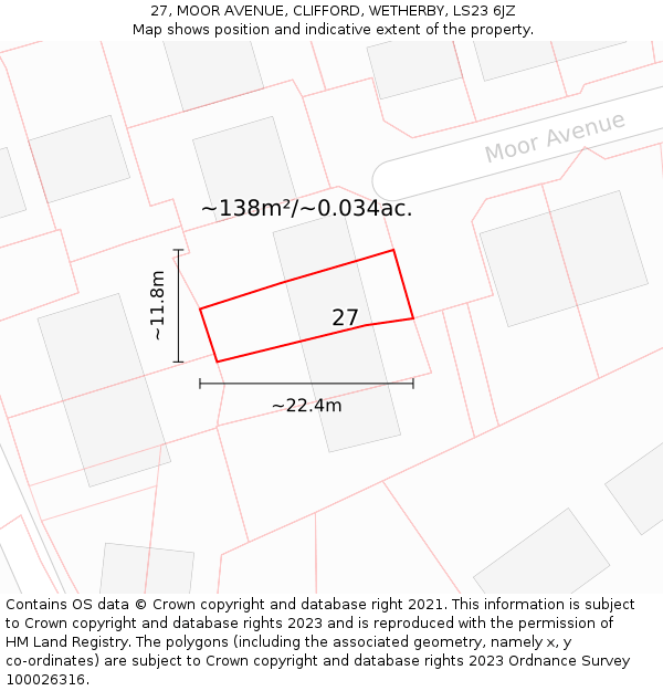 27, MOOR AVENUE, CLIFFORD, WETHERBY, LS23 6JZ: Plot and title map