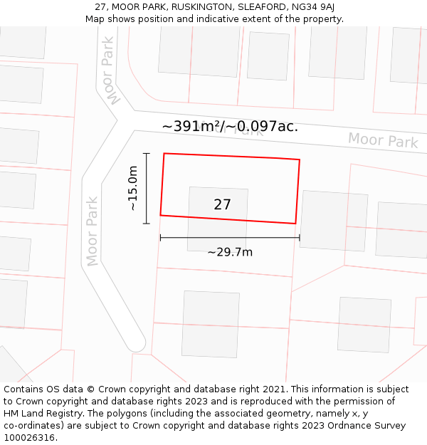 27, MOOR PARK, RUSKINGTON, SLEAFORD, NG34 9AJ: Plot and title map