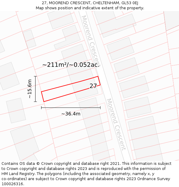 27, MOOREND CRESCENT, CHELTENHAM, GL53 0EJ: Plot and title map