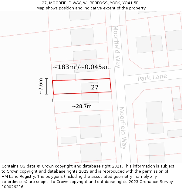 27, MOORFIELD WAY, WILBERFOSS, YORK, YO41 5PL: Plot and title map